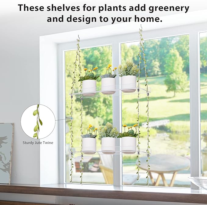 Sumerflos Acrylic Window Boxes Window Plant Shelves 2 Tier - Clear Hanging Shelf Indoor Jute Twine Adjustable Plant Holder for Window Wall Living Room Balcony Natural