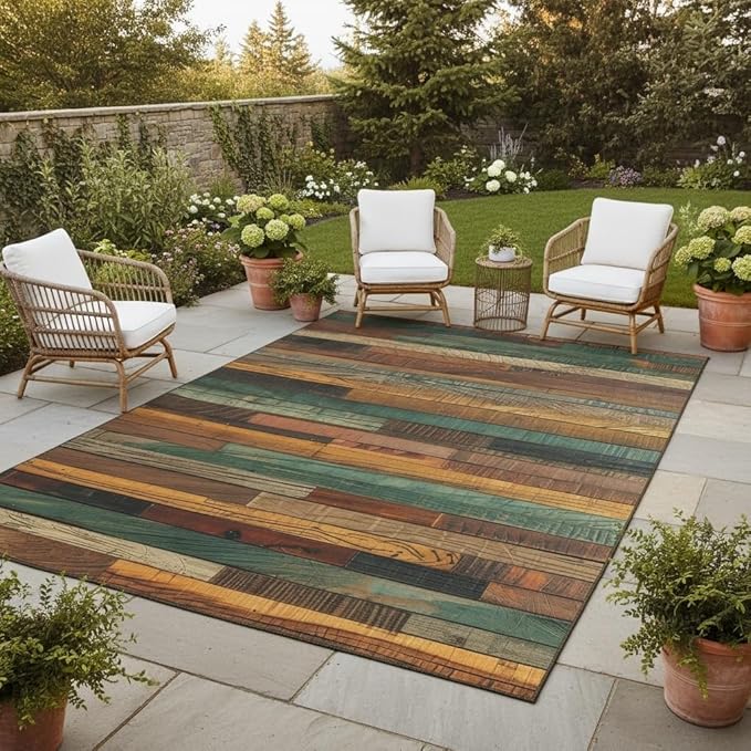 Retro Natural Brown Green Orange Wood Slats Outdoor Rug for Patio Deck Backyard Garden Front Porch Rustic Wood Grain Print Rugs Breathable Waterproof Washable Outdoor Carpet 7x10 Anti Slip Mat
