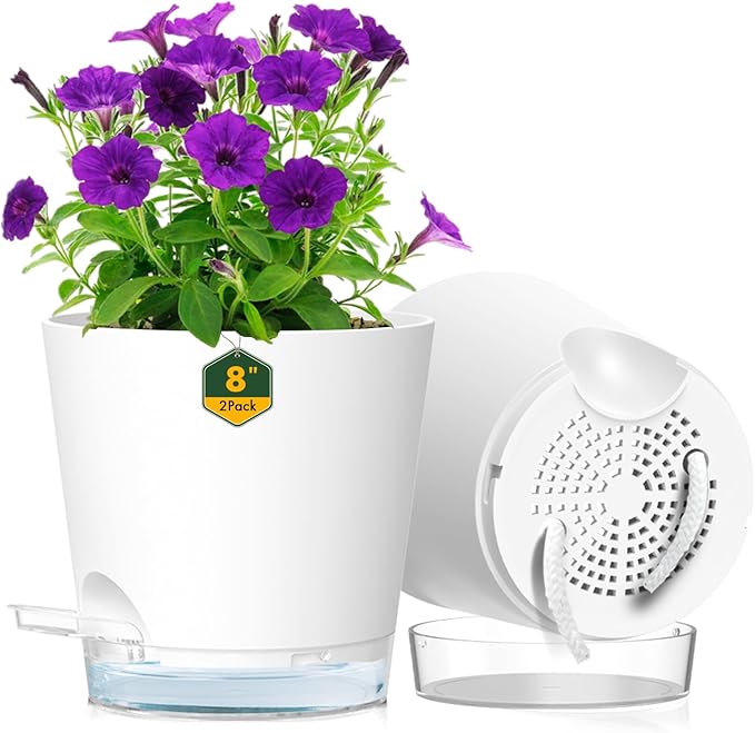 8 inch Self Watering Pots for Indoor Outdoor Plants, 2 Pack Flower Plant Pots with Drainage Holes & Clear Reservoir for Visible Water Level, Plastic Wicking Planters for House Plants, White