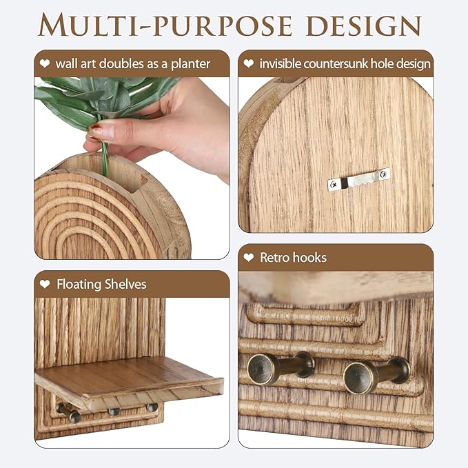 3-in-1 Wooden Wall Organizer - Planter Vase + Candle Sconces + Hooks (No Dried Flower)- Farmhouse Hanging Decor Boho Wall Art for Indoor Plants Artificial Eucalyptus for Living Room Bedroom Nature