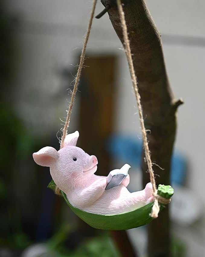 Hanging Hammock Swing Pig Figurine Statues for Garden Decor, Sleeping Reading Pig Tree Hanger for Yard Garden Indoor Outdoor Home Decoration