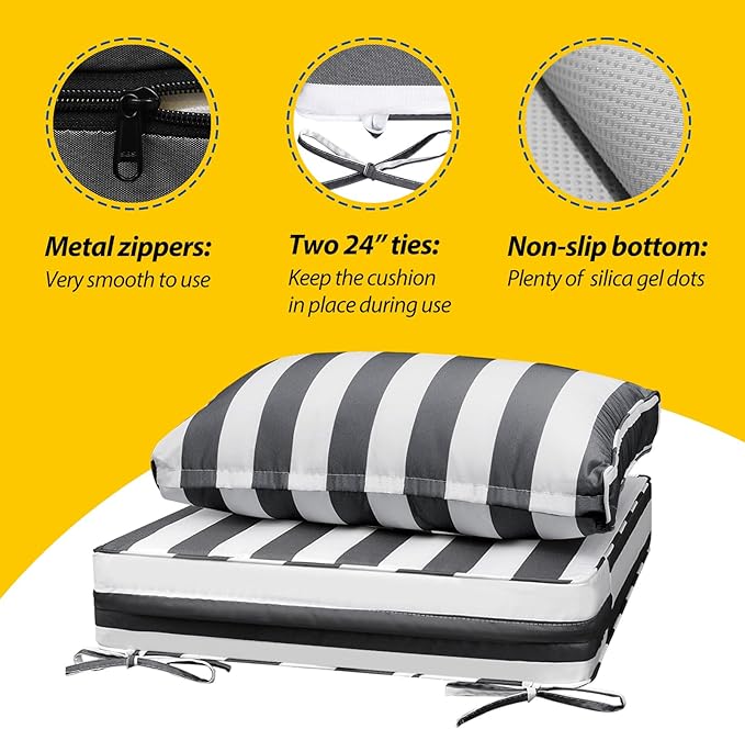 AAAAAcessories Outdoor Deep Seat Cushions, Waterproof, Fade-Resistant Patio Furniture Replacement Cushions, 24" x 24" x 5" + 24" x 13.5", Set of 4, Gray Cabana Stripe