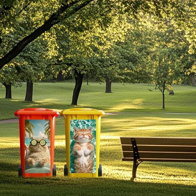 2PC Trash Can Sticker 14.57 x 32.28 Inch Relaxing Cat Design Summer Beach Theme Decorative Garbage Bin Cover Outdoor Trash Can Decal Art for Home Yard Garden Holiday Decoration