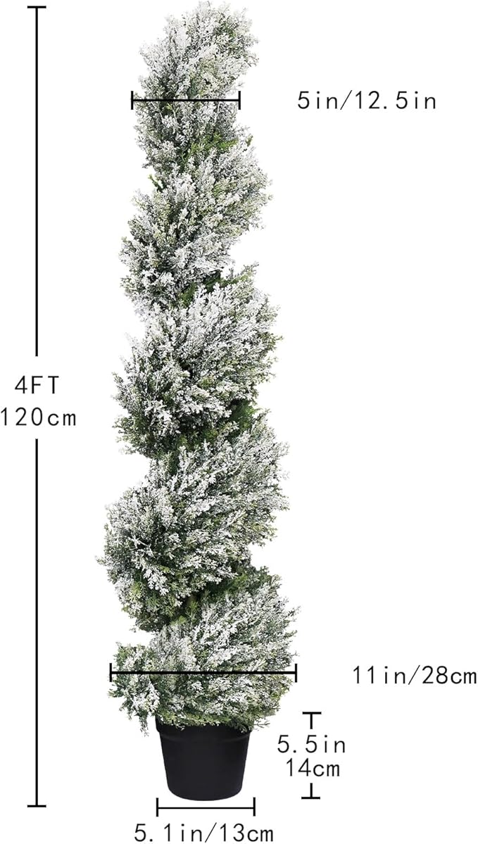 THE BLOOM TIMES 4ft Tall Spiral Artificial Topiary Trees Set of 2, 48 inch Large Faux Snow-Flocked Cedar Trees for Front Porch Planter Decor, Fake Plants for Indoor or Covered Outside Display 4 Foot