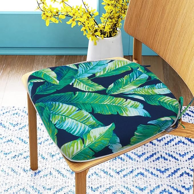 Magpie Fabrics 17"x16"x2" U-Shape Chair Cushions with Ties 4 Count, Outdoor Indoor Waterproof All Weather Seat Pads Decoration for Patio Garden Dining Office - Green Lagoon Leaves