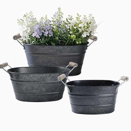 Galvanized Metal Oval Planter Buckets with Handles – 3 Pcs Rustic Farmhouse Flower Tubs with Drain Holes & Plugs, Vintage Small Pots for Herbs, Succulents, Wedding or Tabletop Decor (Galvanized Black)