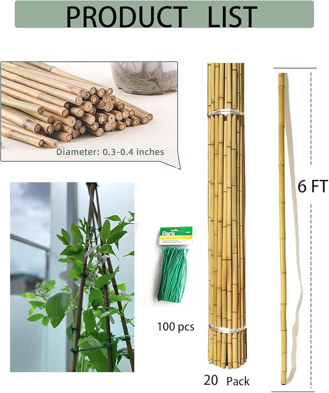 6 Ft Bamboo Stakes with 100 Twist Ties Natural Bamboo Garden Stakes for Tomatoes Cucumber Grapes Pole Beans Trees Potted Dahlia Flowers and Climbing Plants - Pack of 20 Bamboo Sticks