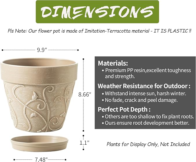Melphoe Plant Pots Indoor with Drainage & Saucer, 2Pack 10 inch Flower Pots Outdoor Planters for Indoor Plants Garden Home Decor Cactus Succulent, Rigid Plastic (Imitation-Terracotta) Vine-Embossed