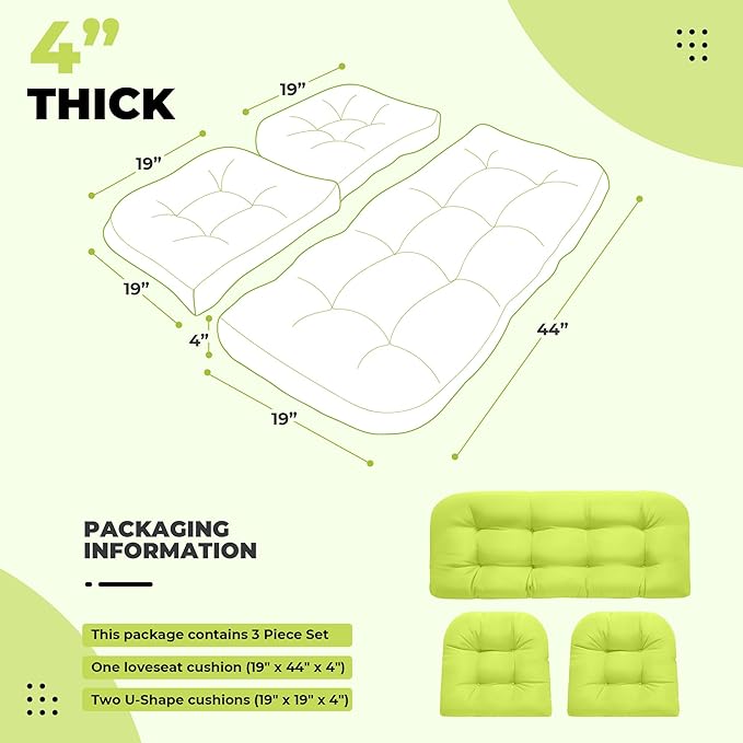 Wicker Chair Cushions, Waterproof Outdoor Loveseat Cushions for Patio Furniture, Tufted Wicker Furniture Cushions, 1 Loveseat and 2 U-Shaped Cushions, Light Green
