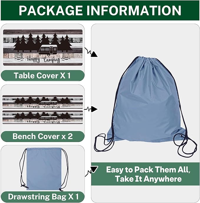 Picnic Table Cover with Bench Covers Elastic Edges, Grey Camper Fitted Table Cover, Outdoor Patio Camping Essentials 72 Inch 3PCS, Waterproof Camping Fitted Tablecloth with Drawstring Bag