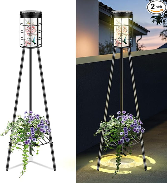 2 Pack Outdoor Solar Floor Lamp with Plant Stand, Hummigbird Print, Solar & USB 2 Way Charging, Garden Decor Gifts for Women Mom Grandma