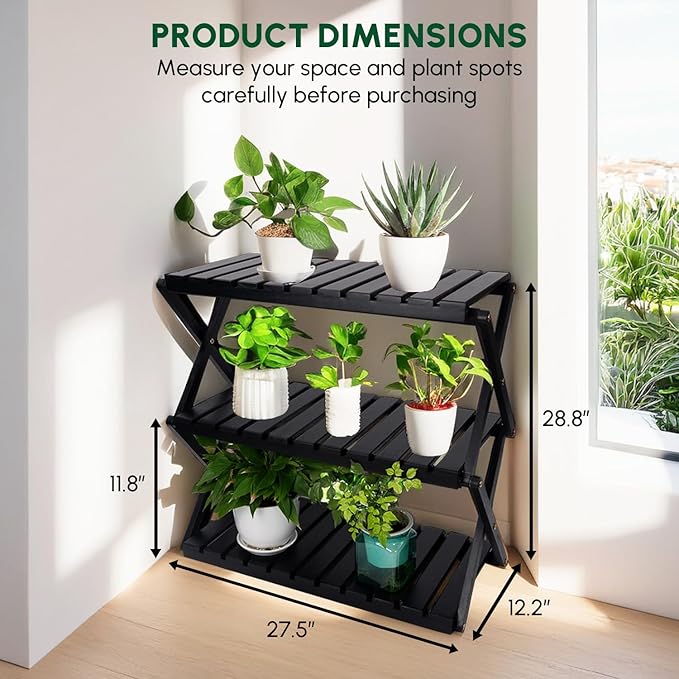 BEEFURNI Acacia Stand Indoor, Wooden Outdoor Plant Stand, Foldable Corner, 3 Tier Plant Stand, Easy Assembly, Plant Bench Patio Balcony Sunroom Decor, Christmas Gift, 1-year Warranty
