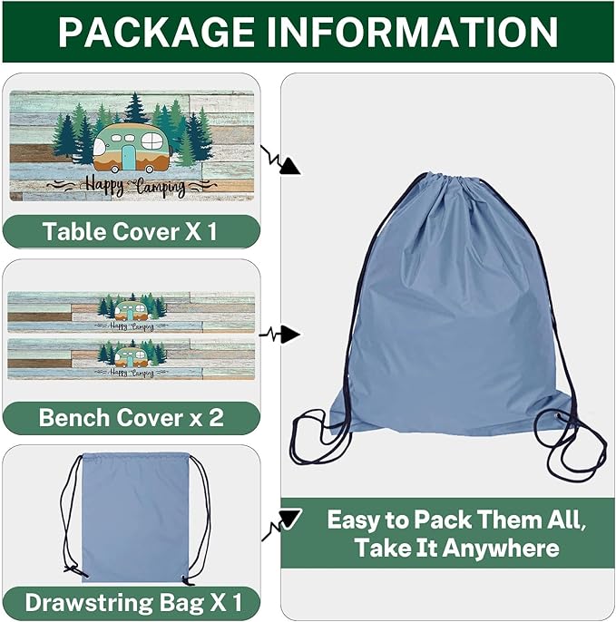 Picnic Table Cover with Bench Covers Elastic Edges, Green Camper Fitted Table Cover, Outdoor Patio Camping Essentials 72 Inch 3PCS, Waterproof Camping Fitted Tablecloth with Drawstring Bag