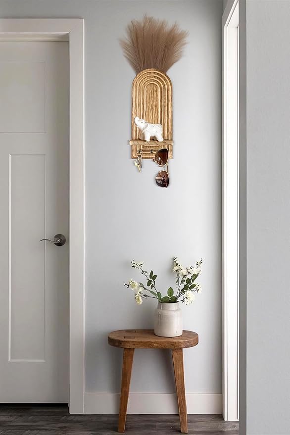 3-in-1 Wooden Wall Organizer - Planter Vase + Candle Sconces + Hooks (No Dried Flower)- Farmhouse Hanging Decor Boho Wall Art for Indoor Plants Artificial Eucalyptus for Living Room Bedroom Nature