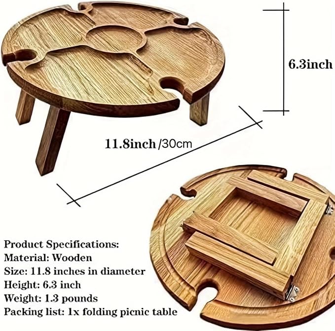 Portable Wooden Picnic Table with Wine Glass Holder - Foldable 2-in-1 Outdoor Snack Tray for Cheese & Fruit, Collapsible Camping Table with Integrated Glass Rack