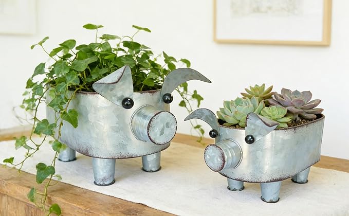Galvanized Metal Pig Bowl Farmhouse Pig Storage Holder for Bathroom Kitchen Living Room Set of 2,Big and Small