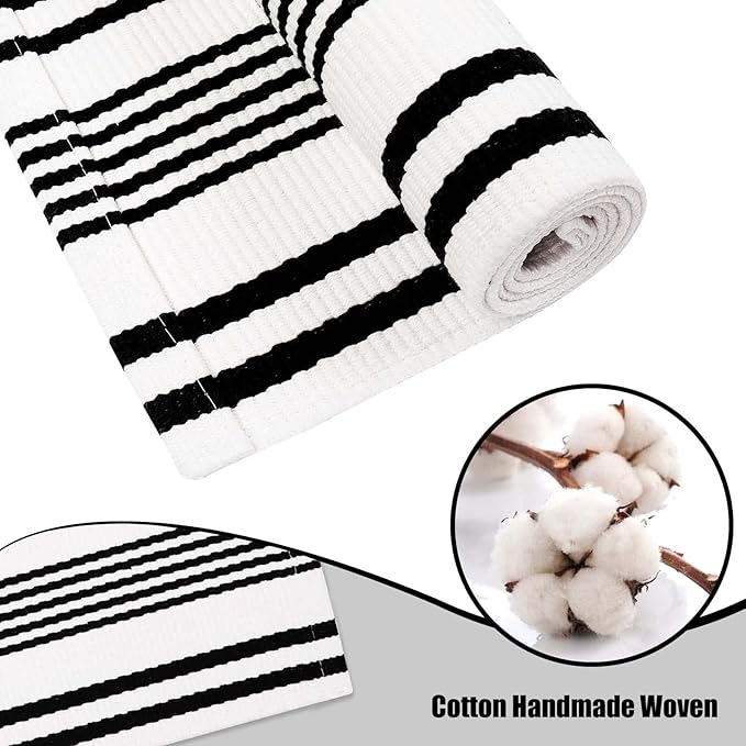 OJIA Outdoor Area Rug 4'x6', Black and White Outdoor Rug Machine Washable Patio Rugs Cotton Hand Woven Door Mats Indoor Outdoor Striped Rugs for Front Porch/Deck/Backyard/Balcony/Home Decor