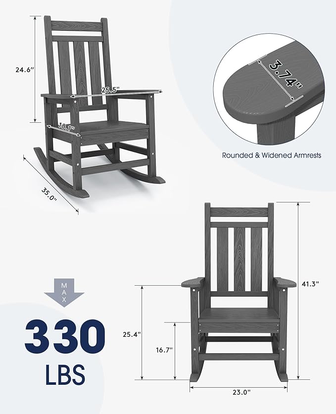 KINGYES Outdoor Rocking Chair Set of 4, All-Weather Patio Rocking Chairs for Porch, HDPE Rocking Outdoor Chairs with High Back for Adult, Heavy Duty Outdoor Patio Rockers for Garden, Lawn, Gray