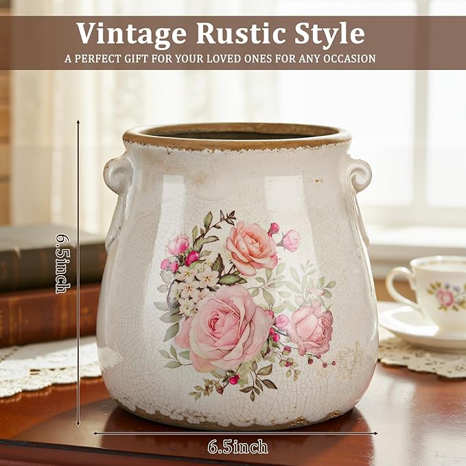 Ceramic Scroll Planter 6.5 Inch Chinoiserie Floral Vase with Drainage Holes Vintage Flower Vase Flower Pot Rustic Ceramic Pots for Indoor Plants Garden Home Bookshelf Decor(Ink Color)