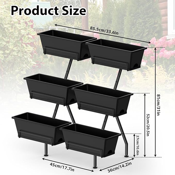 Sunexinlo 3-Tier Vertical Garden Planter with 6 Boxes, 31" Tall Raised Garden Bed with Adjustable Feet for Herbs, Flowers, Vegetables, Ideal for Indoor, Outdoor, Patio, Balcony, Deck Use, Black