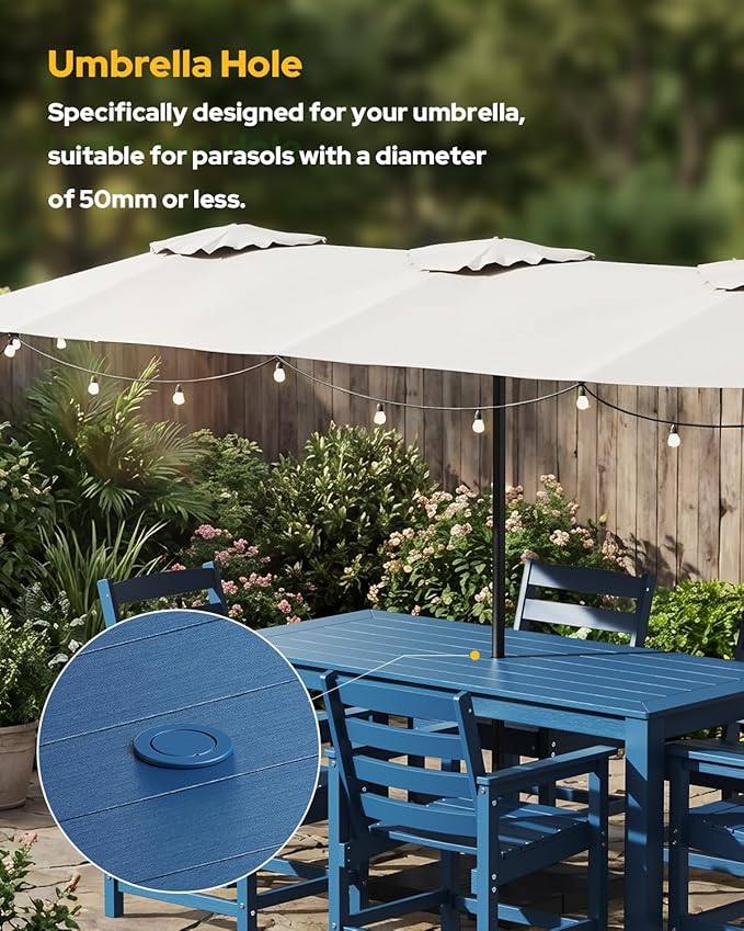 Outdoor HDPE Dining Table, All-Weather Outdoor Table with Umbrella Hole Cut-Out, Patio Furniture for Garden, Backyard, Deck (Blue)