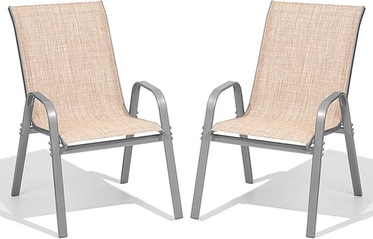 Patio Chairs Set of 2, Easily Set Up Stackable Outdoor Dining Chairs with High Back and Wide Seat, All Weather Breathable Outdoor Chairs Set of 2 with Metal Frame for Backyard Deck Pool, Beige