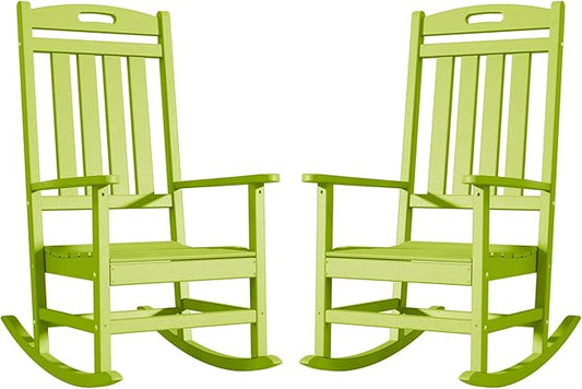 Outdoor Rocking Chair Set of 2, High Back Plastic Patio Rocking Chairs for Outside Porch Rocker Garden Lawn, All-Weather Resistant Poly Lumber Rocker Chair Outdoor, Lime