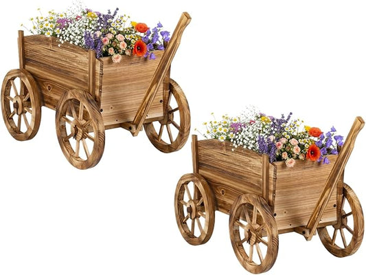 Giantex Wood Wagon Planter Set of 2, Rustic Rolling Flower Pot Stand with Wheels, Handle & Drainage Hole for Growing Vegetables Herbs, Indoor Outdoor Decorative Cart for Patio Balcony Garden