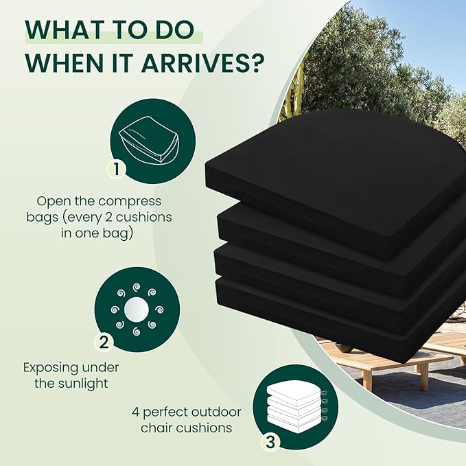 HARBOREST Outdoor Chair Cushions Set of 4, Water Resistant Patio Chair Cushions with Ties, Outdoor Seat Cushions for Patio Furniture, 17"x16"x2", Black