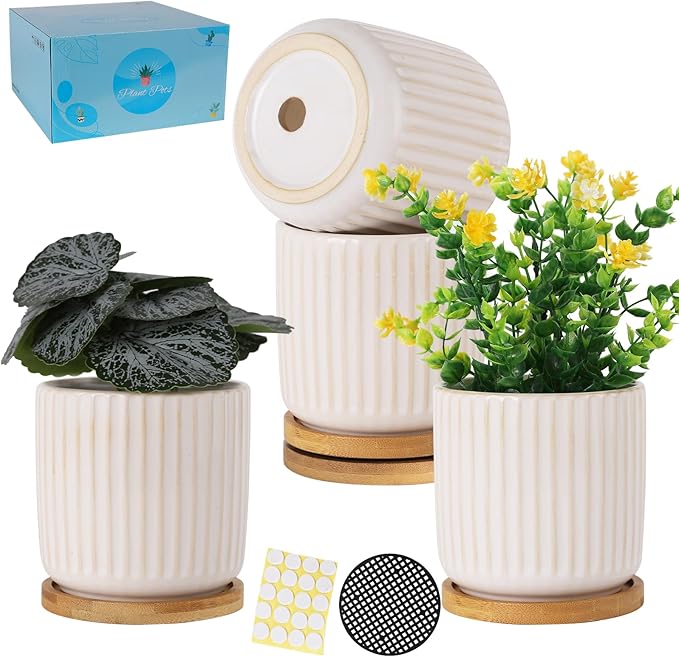 TAMAYKIM 4 Inch Ceramic Plant Pots with Drainage Holes, Modern Vertical Pattern Flower Planter with Saucer for Indoor Plants, Succulent, Cactus & Herbs, White, Set of 4 (Plants Not Included)