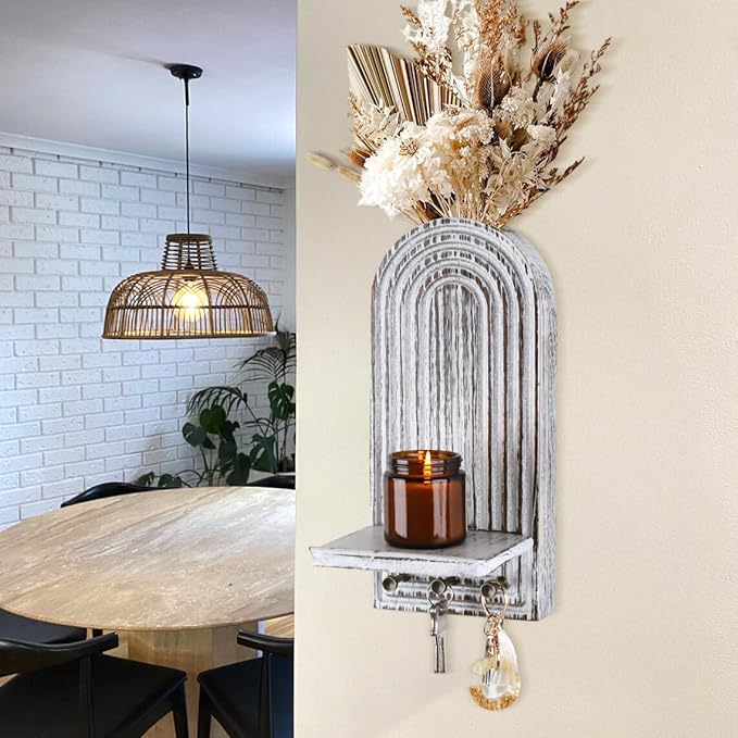 3-in-1 Wooden Wall Organizer - Planter Vase + Candle Sconces + Hooks (No Dried Flower)- Farmhouse Hanging Decor Boho Wall Art for Indoor Plants Artificial Eucalyptus for Living Room Bedroom Washwhite