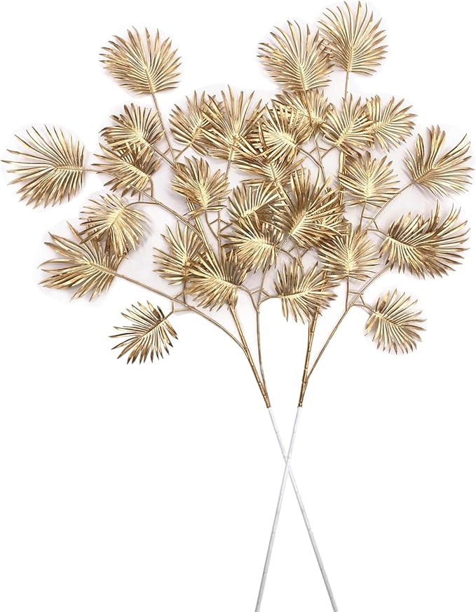 Artificial Golden Plants for Christmas Decor, Tall 30 Inch Faux Palm Leaves Plastic Fan Leaf Fake Tropical Monstera Tree for Indoor Outdoor Wedding Party Big Vase Filler DIY Decoration - Gold 2 Pack