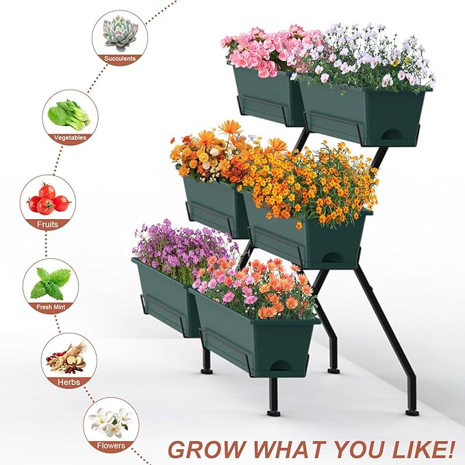 Vertical Raised Garden Bed 3 Tier Vertical Garden Planter with 6 Container Boxes Indoor Outdoor Standing Herb Planter with Drainage Holes Removable Tray for Small Space Patio Balcony Porch, Green