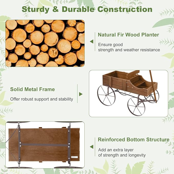 Wooden Wagon Planter, Decorative Garden Wheelbarrow Planter with 2 Planting Sections, Rolling Wheels, Adjustable Handle, Small Wagon Cart Planter Stand for Flowers Vegetables Herbs (Brown)