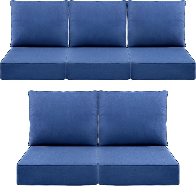 Luxury 6" Outdoor Cushions for Patio Furniture, 24x24x6" Thick Seat Cushion Set of 5, Fade Resistant Couch Chair Replacement Cushions High Density Deep Wicker Chair Cushion w/ Removable Cover, Blue