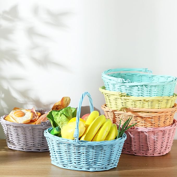 Barydat 6 Pcs Small Wicker Picnic Basket with Handle Flower Girl Baskets Oval Willow Woven Braided Gift Basket for Easter Weddings Baby Shower Home Garden Decor (Multicolor,12'' x 9'' x 5'')