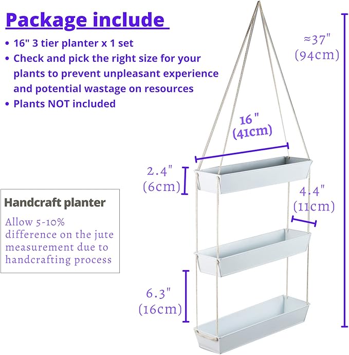 LaLaGreen Hanging Wall Planter - 16 Inch Three Tier Plant Hanger for Succulent Indoor Herb Planter Modern White Boho Metal Wall Plant Holder Decor, Vertical Garden Hanging Planter Shelf Large Outdoor