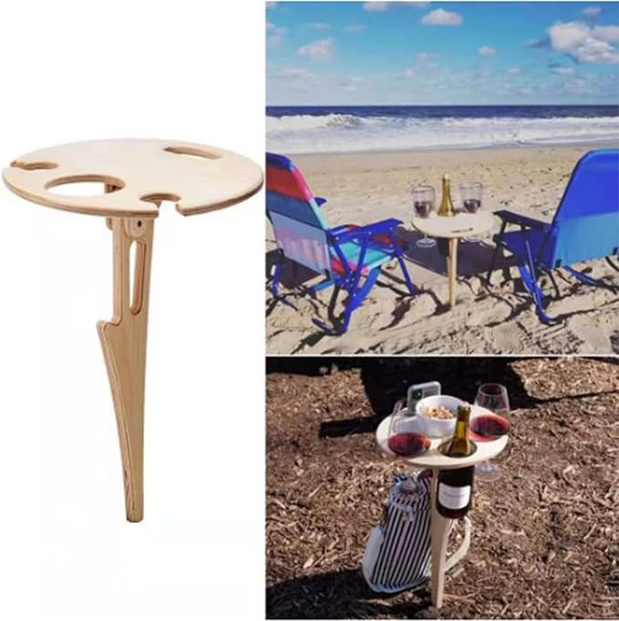 Topyond Outdoor Portable Foldable Wine Table, Bamboo Round Wine Rack, Ground Insertion Design Small Picnic Table, Ideal for Garden, Lawn, Picnic