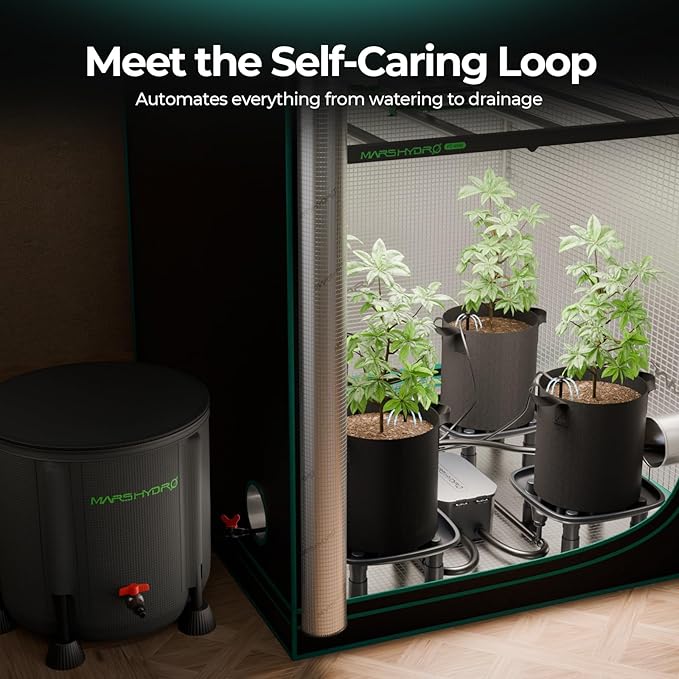 MARS HYDRO Auto Drainage System with Water Pump, 4 Elevated Runoff Trays & 4-Pack 5 Gallon Grow Bags, Plant Drainage Saucers for Indoor Plants Grow Tents