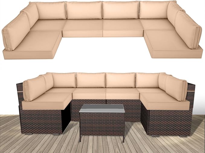 Outdoor Replacement Cushions for Patio Furniture,14-Piece Patio Water-Resistant Replacement Sofa Cushions,Fits 6-seat Sectional Rattan Conversation Set,Liner&Cover (Beige)