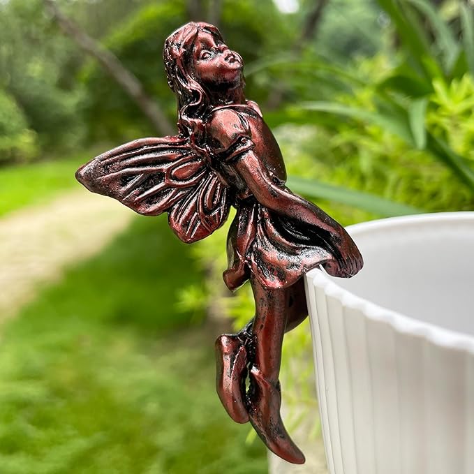 4PCS Miniature Fairies Pot Huggers Garden Planter Pot Hanger Flower Pot and Vase Huggers Resin Vintage Bronze Angel Statue Flying Fairies Figurines Home Office Desk Ornaments