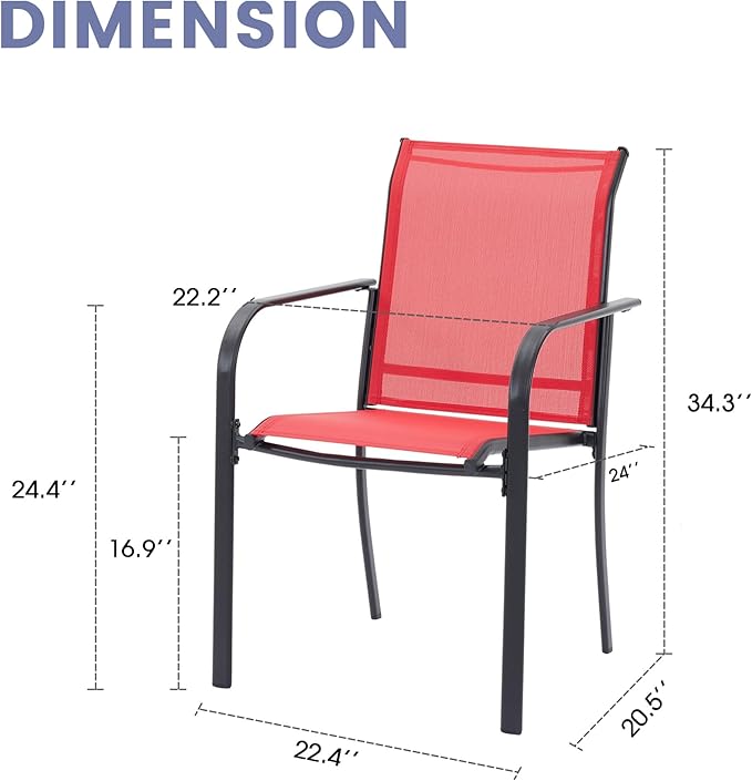 VICLLAX Patio Stackable Chairs Set of 4, Outdoor Dining Chairs with Breathable Fabric Lawn Deck Chairs for Balcony Porch, Red Fabric