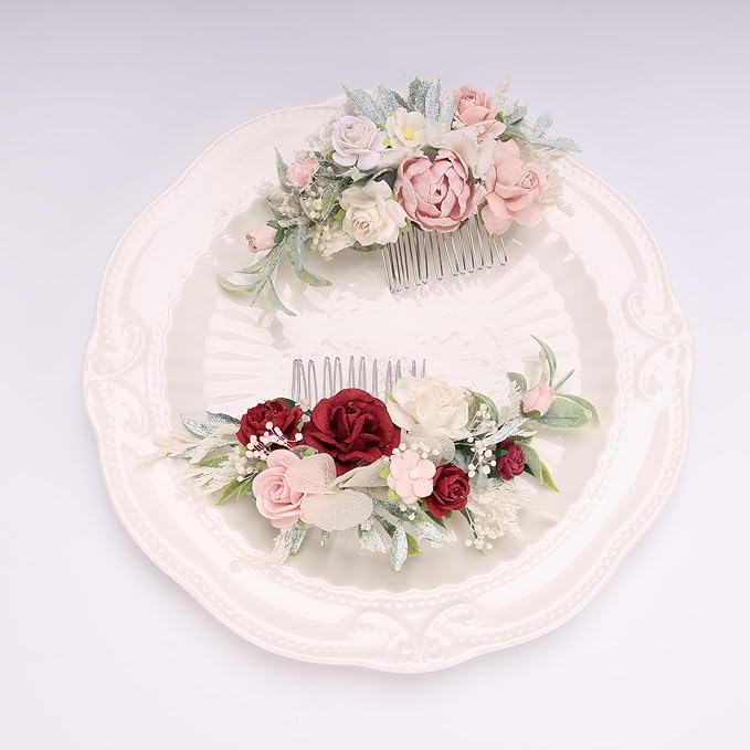 Burgundy Floral Hair Comb with Baby's Breath Dried Flower Bridesmaids Hair Clips Garden Wedding Hair piece Photo Prop