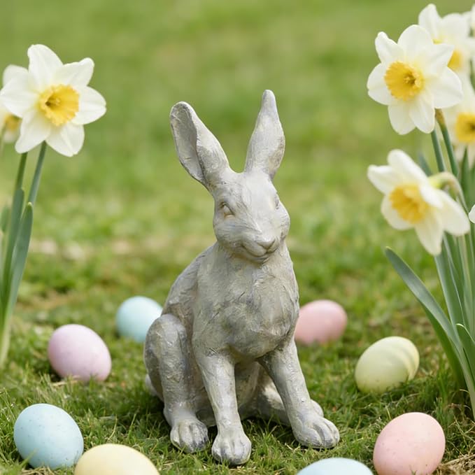 DiliComing Grey Resin Rabbit Garden Statue - 12 Inch Large Garden Statues for Home Yard Decor Garden Statues for Outside Balcony Bunny Decor for Garden Gifts