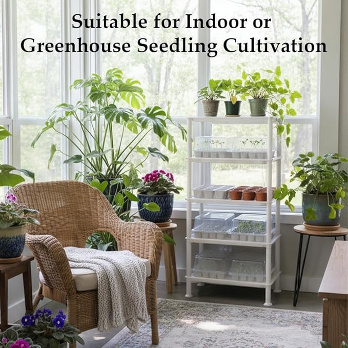 5-Tier Seed Starter Trays Plant Stand, with Bottom-Watering Design–Shelf for Indoor Outdoor Seedling Sprouting Greenhouse, Space-Saving for Small Cell Trays & Nursery Pots, White