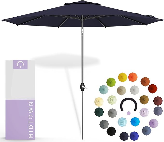 Midtown Umbrellas - 10-Year-No-Fade 6 Ft Patio Umbrella with Terylast Fabric, Auto-Tilt Aluminum Frame and 8 Reinforced Ribs for Deck, Pool, Garden & Beach - Navy Blue Canopy, Black Pole