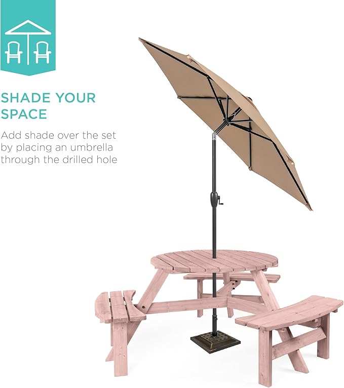 Best Choice Products 6-Person Circular Outdoor Wooden Picnic Table for Patio, Backyard, Garden, DIY w/ 3 Built-in Benches, 500lb Capacity - Rose Quartz
