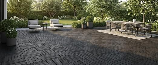 Acacia Wood Patio Deck Tiles - 27 Pcs 12 Slats Interlocking Decking Tiles for Patio Decor, Waterproof Indoor & Outdoor Use, Garden Decking Tile (12.2 x 12.2 x 0.7) - Black