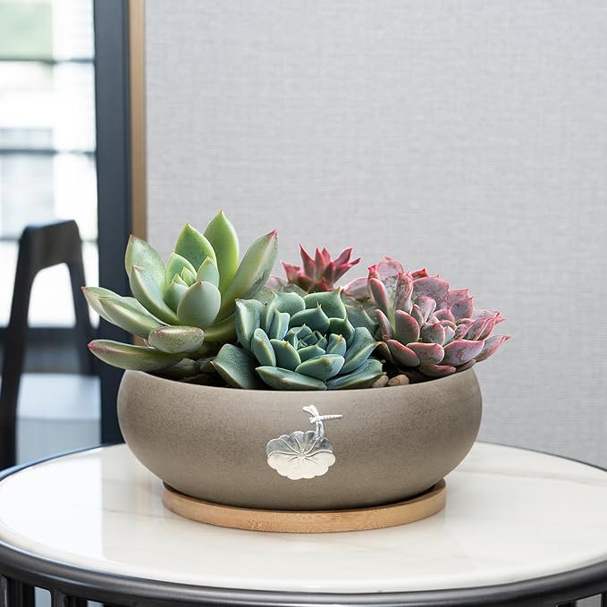 Ceramic Planters with Wooden Tray: 7" Hydroponic Lotus Bowl Planter for Water Lilies | Nature-Inspired Carvings Indoor/Outdoor Decorative Pot | Elegant Aquatic Garden Centerpiece