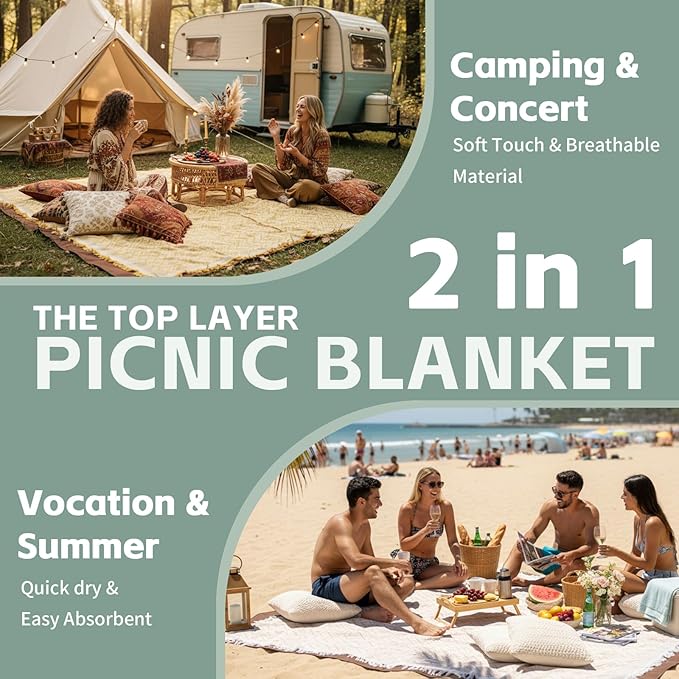 2 in 1 Extra Large Camping Blanket Outdoor Picnic Yoga Mat Lightweight Car Essential Roadtrip Gadget Rv Accessories Glamping Tent Gear Must Haves Hiking Stuff Backpacking Necessities Women Beach Gift